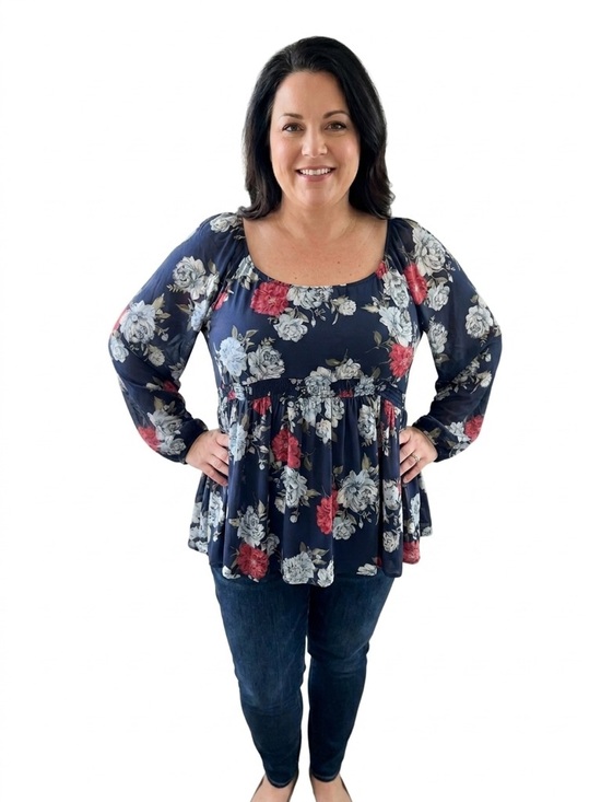 torrid Tops - TORRID Navy Floral Mesh Smocked Waist Peplum Blouse